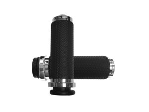 Rubber motorcycle handlebar grips with chrome accents for cruisers and custom bikes.