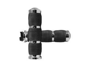 Motorcycle handlebar grips with textured rubber and chrome accents for Revelry Motorcycles.