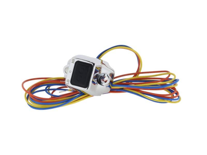 Colourful motorcycle electrical switch with wiring harness for Revelry Motorcycles.