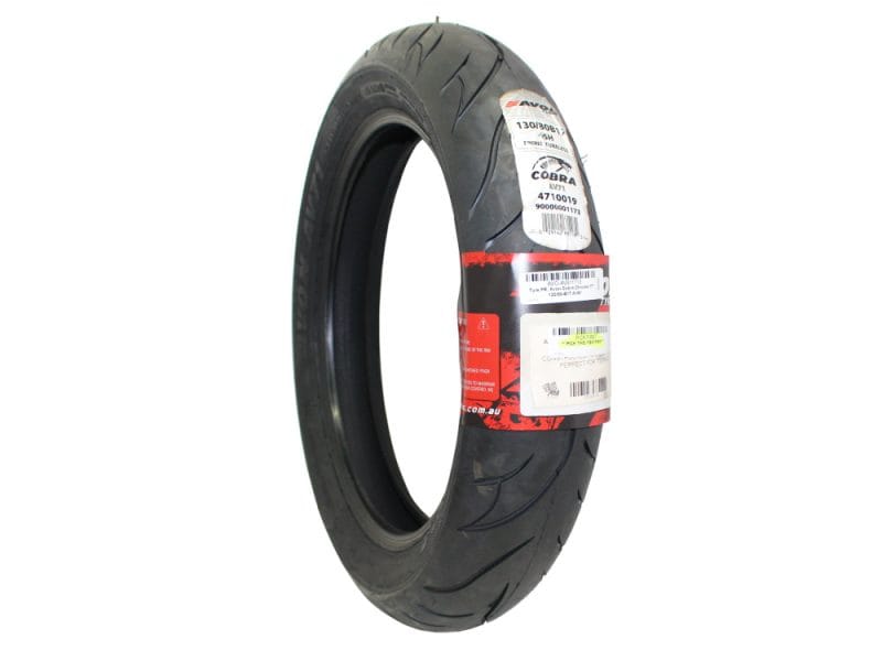 Avon Cobra Chrome 17in. Front Tyre. 130/80-B17 AV91. High-performance Cobra motorcycle tyre for Revelry Motorcycles, Australian delivery available.