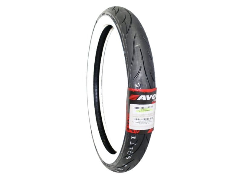 Avon Cobra Chrome 21in. Whitewall Front Tyre. MH90-21 AV91 WW. High-performance motorcycle tire for Revelry Motorcycles, ideal for road riding and durability.