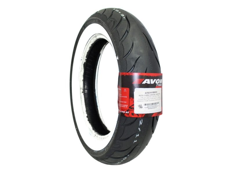 Avon Cobra Chrome 16in. Whitewall Rear Tyre. 150/80-B16 AV92 WW. Avon motorcycle tire for revery motorcycle touring and sport bikes.