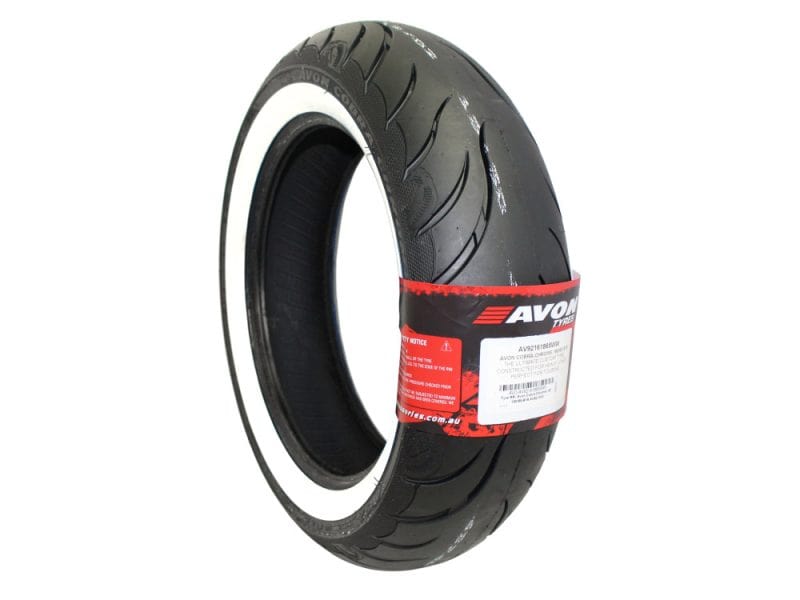 Avon Cobra Chrome 16in. Whitewall Rear Tyre. 180/65-B16 AV92 WW. Avon Cobra Chrome motorcycle tyre for Revelry Motorcycles, high-performance cruiser ride.