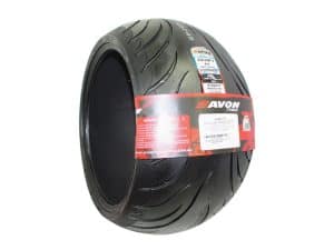 Avon motorcycle tyre, high-performance racing tire designed for motorcycles on racing tracks.