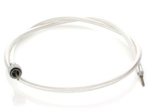 Silvery braided motorcycle brake or clutch cable for Revelry Motorcycles.