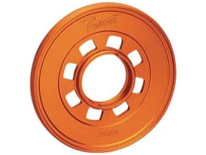 Bright orange motorcycle wheel sprocket with "Barrett" branding for Revelry Motorcycles in Australia.