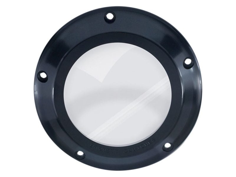 Scorpion Series Clear Derby Cover - Black. Fits Softail 2007-2018 Reflection mirror for motorcycle, black round design, Revelry Motorcycles accessories, high-quality durable finish.