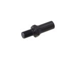 Threaded motorcycle part, black metal bolt with hexagonal head, used in Revelry Motorcycles repairs.