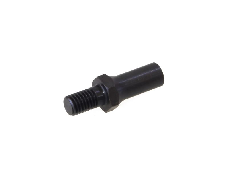Threaded motorcycle part, black metal bolt with hexagonal head, used in Revelry Motorcycles repairs.