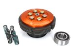 High-performance motorcycle clutch assembly with springs, bearing, and orange anodised components.