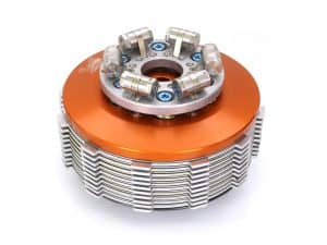 High-performance motorcycle clutch assembly with vibrant orange cooling fins for optimal heat dissipation.