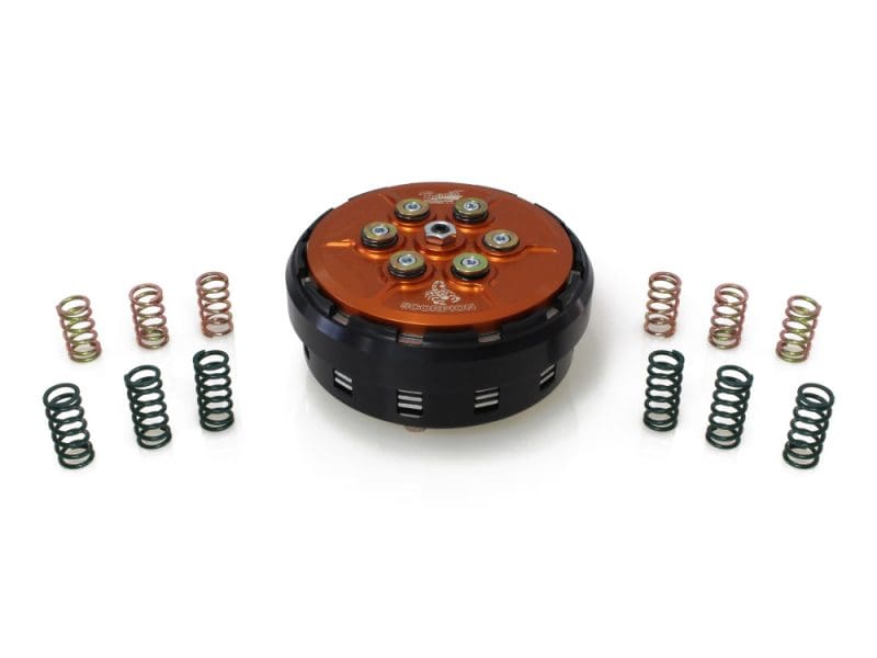 Complete Scorpion Billet Clutch with Basket. Fits 6sp Twin Cam 2007-2017 With Cable Clutch. High-performance motorcycle clutch spring kit for Revelry Cycles bikes.