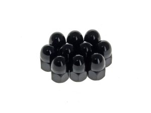 Black motorcycle swingarm pivot nuts for bike maintenance and repairs.