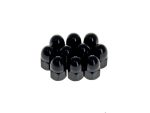 Black motorcycle axle nut covers on white background.