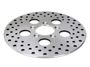 High-performance motorcycle brake rotor with drilled holes for superior cooling and braking.