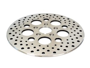 High-performance motorcycle brake disc with multiple vented cooling holes for Revelry Motorcycles.