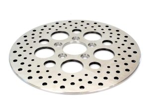 High-performance motorcycle brake disc with drilled holes for optimal braking efficiency and safety.