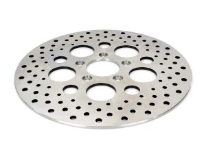 High-performance motorcycle brake disc, metal with multiple perforations for enhanced braking.