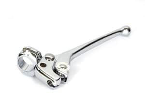 Chrome motorcycle clutch lever with mounting hardware for Revelry Motorcycles.
