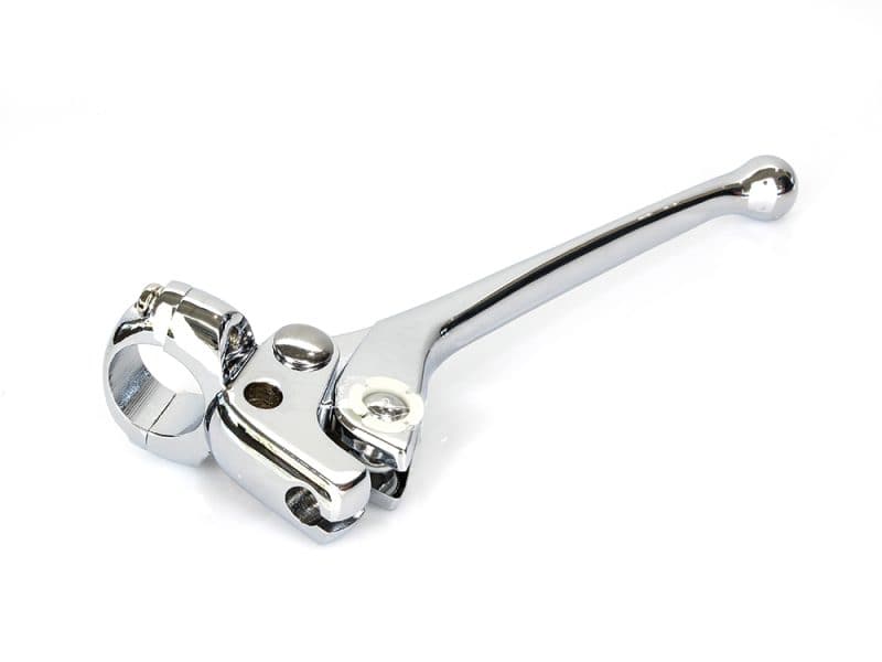 Chrome motorcycle clutch lever with mounting hardware for Revelry Motorcycles.