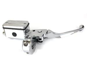 Chrome motorcycle clutch lever with master cylinder for Harley Davidson bikes.