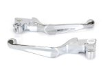 Polished motorcycle brake and clutch levers for custom Harley Davidson bikes.