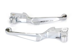 Polished motorcycle brake and clutch levers for custom Harley Davidson bikes.