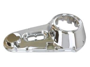 Shiny chrome motorcycle engine cover for custom bikes and motorcycling enthusiasts.