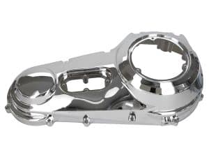 Polished chrome motorcycle engine cover for Harley Davidson bikes.