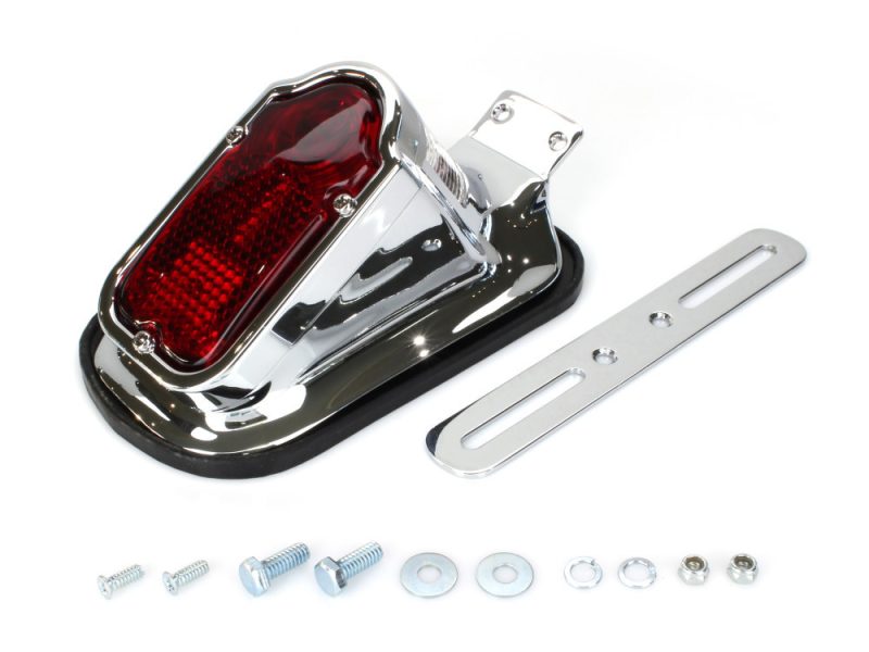 Chrome motorcycle tail light with mounting hardware, ideal for vintage and custom bikes.