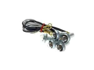 High-performance motorcycle LED turn signal lights with wiring harness for Revelry Motorcycles.