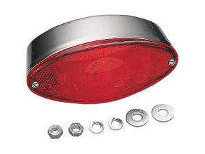 Motorcycle tail light with chrome housing and mounting hardware, suitable for Revelry Motorcycles.