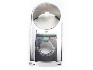 Chrome motorcycle indicator switch with multiple buttons and dial for Revelry Motorcycles.