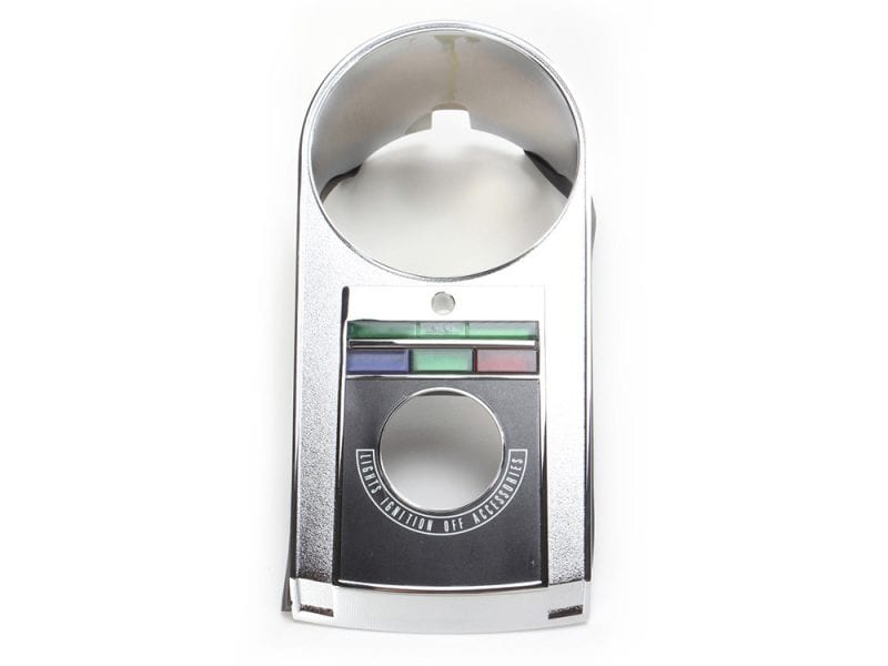 Chrome motorcycle indicator switch with multiple buttons and dial for Revelry Motorcycles.