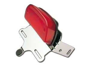 Bright red motorcycle tail light with mounting bracket for Revelry Motorcycles.