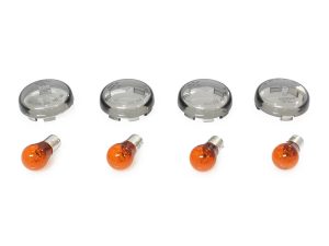 Metallic motorcycle turn signal lenses and amber bulbs for Revelry Motorcycles.
