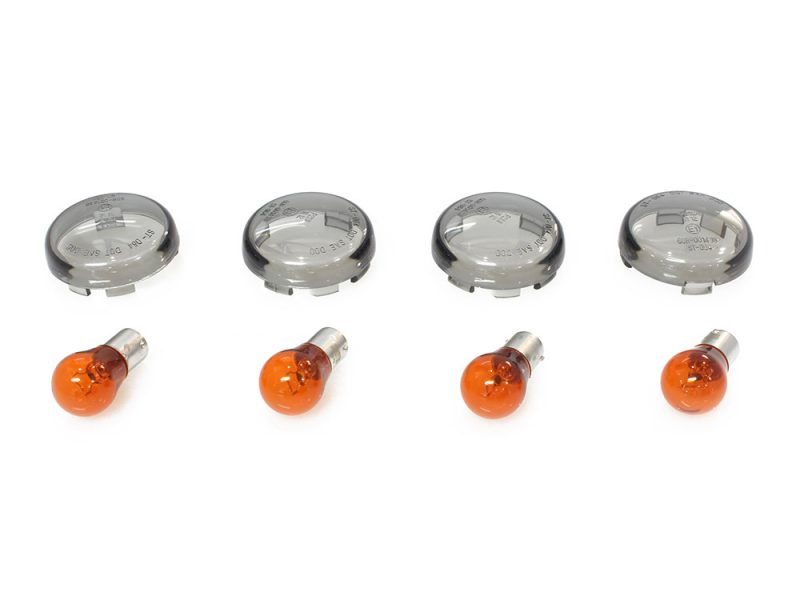 Smoked Turn Signal Lens Kit. Fits most Big Twin & Sportster 2002up. Metallic motorcycle turn signal lenses and amber bulbs for Revelry Motorcycles.