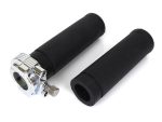 Rubber motorcycle handlebar grips with chrome lock-on clamp assembly for bikes.