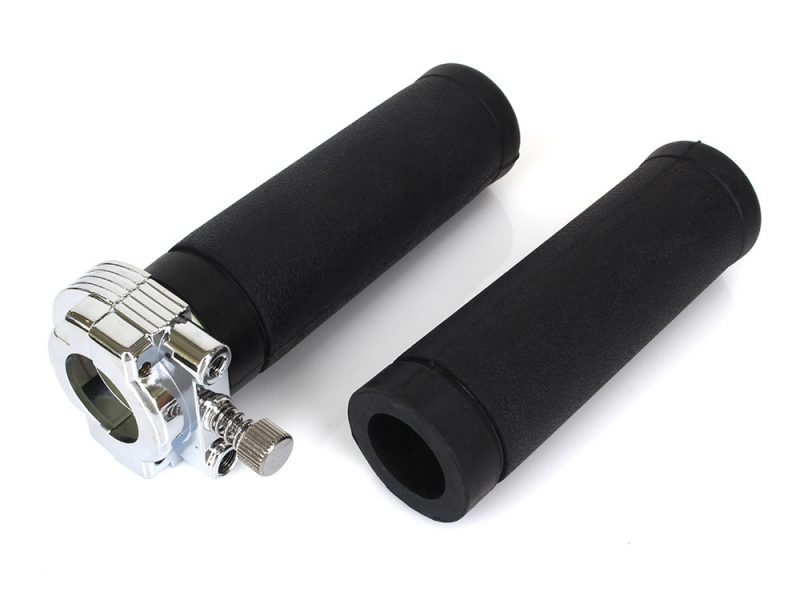 Rubber motorcycle handlebar grips with chrome lock-on clamp assembly for bikes.
