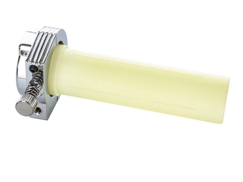 Aluminium motorcycle handlebar grip with chrome throttle tube for Revelry Motorcycles.
