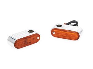 Amber motorcycle turn signals with chrome finish, LED reflectors, and wiring for Revelry Motorcycles.