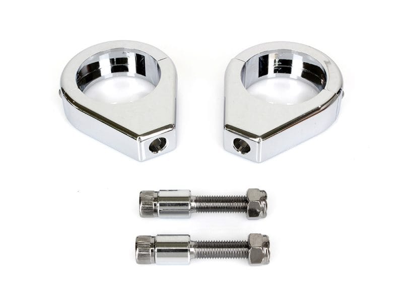 Chrome motorcycle fork spacers with mounting bolts for Revelry Motorcycles.