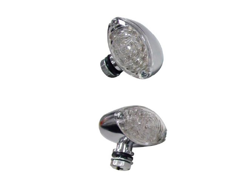 Chrome motorcycle turn signals with clear lenses for Revelry Motorcycles.