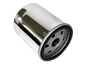 Shiny chrome motorcycle oil filter for Revelry Motorcycles custom parts and maintenance.