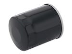 Black motorcycle oil filter for Revelry Motorcycles maintenance and performance enhancement.