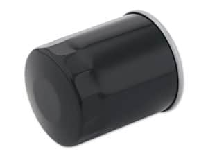 Black motorcycle oil filter for Revelry Motorcycles maintenance and performance enhancement.