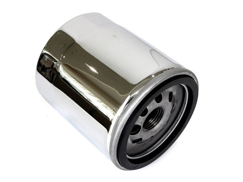 Polished motorcycle oil filter for Revelry Motorcycles, high-performance bike maintenance part.