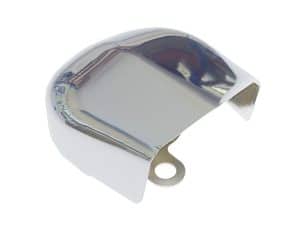 Shiny chrome motorcycle exhaust heat shield for Revelry Motorcycles.