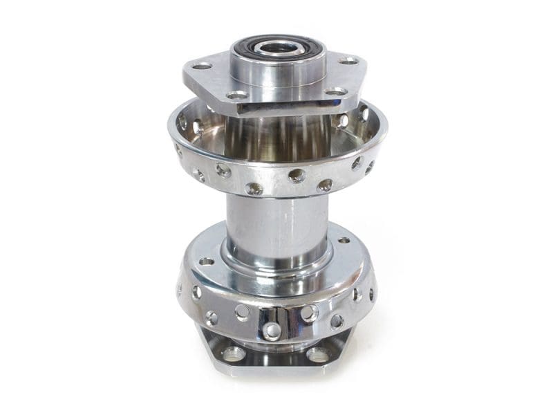 Aluminium motorcycle wheel hub with precision bearings for custom Harley Davidson bikes.