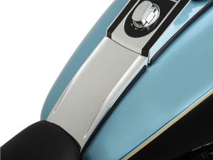 Chrome fuel tank cap on a vintage blue motorcycle - Revelry Cycles Australia.